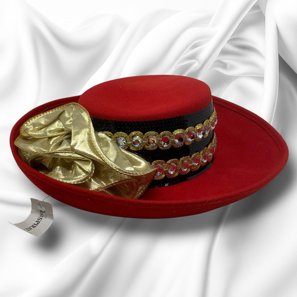 Vintage NEW Yehasso Red Wool Avant Garde Bolero Dress Hat Rhinestones Gold Bow main image 2